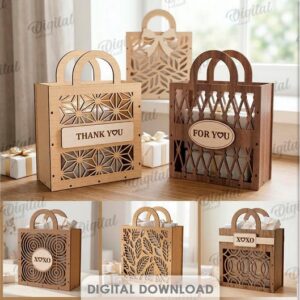 Laser Cut Gift Bag SVG Bundle, Wooden Gift Box Template, 10 Decorative Gift Bag Designs, DXF EPS PNG PDF SVG Files, 3mm Laser Cut Pattern